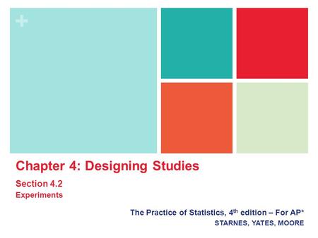 + The Practice of Statistics, 4 th edition – For AP* STARNES, YATES, MOORE Chapter 4: Designing Studies Section 4.2 Experiments.