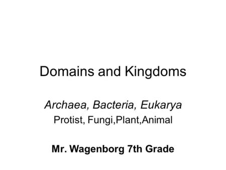 Domains and Kingdoms Archaea, Bacteria, Eukarya Protist, Fungi,Plant,Animal Mr. Wagenborg 7th Grade.