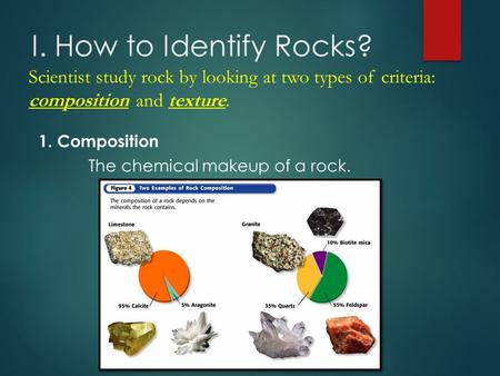 I. How to Identify Rocks? Scientist study rock by looking at two types of criteria: composition and texture. 1. Composition The chemical makeup of a rock.