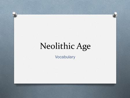 Neolithic Age Vocabulary. Neolithic Age O New Stone Age O Start of; O agriculture O permanent settlements O Advanced tools needed for new skills O Manufacturing.