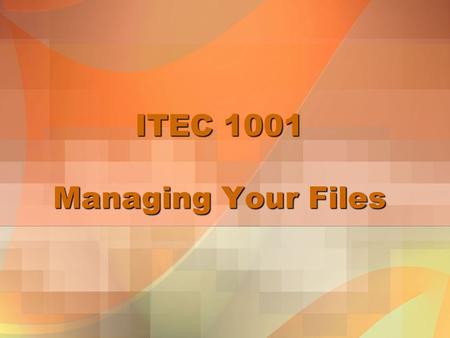 ITEC 1001 Managing Your Files. Tutorial Objectives Develop file management strategies Explore files and folders Create, name, copy, move, and delete folders.