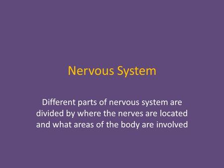 Nervous System Different parts of nervous system are divided by where the nerves are located and what areas of the body are involved.