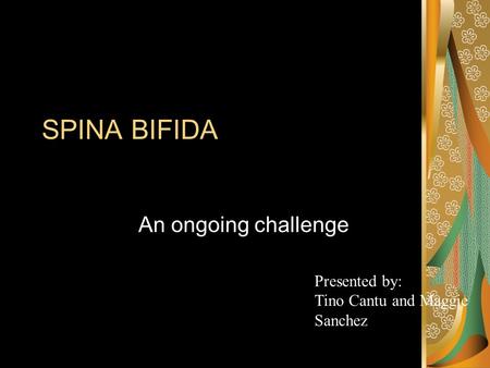 SPINA BIFIDA An ongoing challenge Presented by: Tino Cantu and Maggie Sanchez.