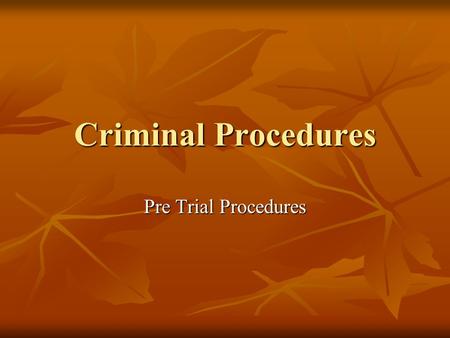 Criminal Procedures Pre Trial Procedures. Overview Criminal Seizure and Investigation Criminal Seizure and Investigation Arrest and Detention Arrest and.