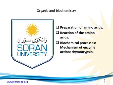 Www.soran.edu.iq Organic and biochemistry  Preparation of amino acids.  Reaction of the amino acids.  Biochemical processes: Mechanism of enzyme action: