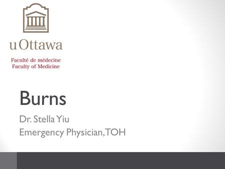Burns Dr. Stella Yiu Emergency Physician, TOH. LMCC objectives Determine severity and extent Diagnose Complications Institute initial management of burn.