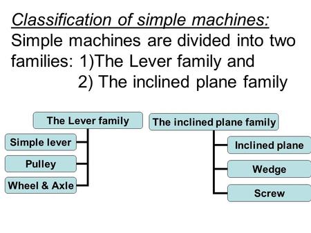 Classification of simple machines: Simple machines are divided into two families: 1)The Lever family and 		 2) The inclined plane family.