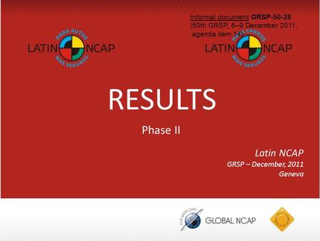 RESULTS Latin NCAP GRSP – December, 2011 Geneva Phase II Informal document GRSP-50-28 (50th GRSP, 6–9 December 2011, agenda item 14)