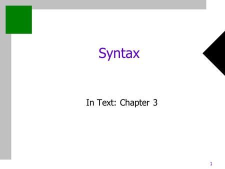 1 Syntax In Text: Chapter 3. 2 Chapter 3: Syntax and Semantics Outline Syntax: Recognizer vs. generator BNF EBNF.