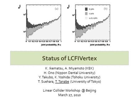 Status of LCFIVertex K. Ikematsu, A. Miyamoto (KEK) H. Ono (Nippon Dental University) Y. Takubo, K. Yoshida (Tohoku University) T. Suehara, T. Tanabe (University.