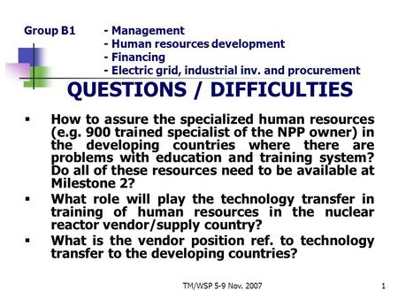 TM/WSP 5-9 Nov. 20071 Group B1- Management - Human resources development - Financing - Electric grid, industrial inv. and procurement QUESTIONS / DIFFICULTIES.
