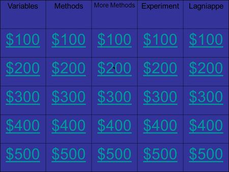 ` VariablesMethods More Methods ExperimentLagniappe $100 $200 $300 $400 $500.