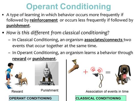 Operant Conditioning A type of learning in which behavior occurs more frequently if followed by reinforcement or occurs less frequently if followed by.