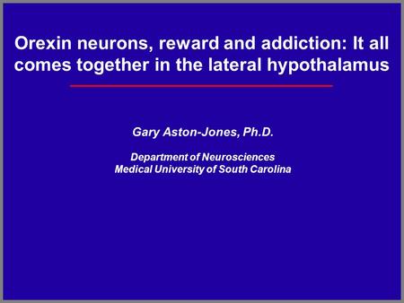 Orexin neurons, reward and addiction: It all comes together in the lateral hypothalamus Gary Aston-Jones, Ph.D. Department of Neurosciences Medical University.