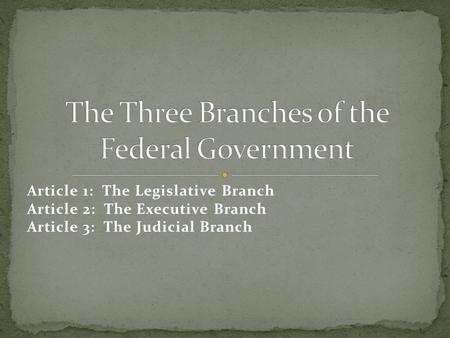 Article 1: The Legislative Branch Article 2: The Executive Branch Article 3: The Judicial Branch.