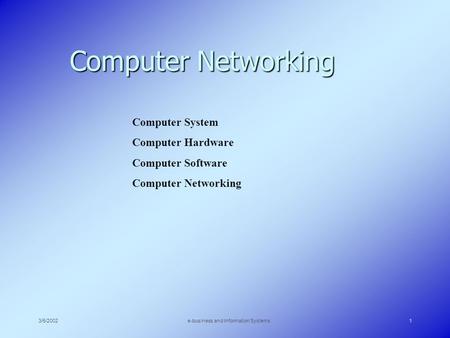 3/5/2002e-business and Information Systems1 Computer Networking Computer System Computer Hardware Computer Software Computer Networking.