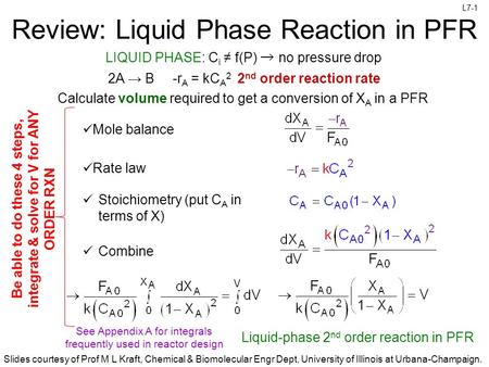 L7-1 Slides courtesy of Prof M L Kraft, Chemical & Biomolecular Engr Dept, University of Illinois at Urbana-Champaign. Review: Liquid Phase Reaction in.