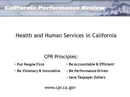 CPR Principles:  Put People First  Be Visionary & Innovative  Be Accountable & Efficient  Be Performance Driven  Save Taxpayer Dollars Health and.