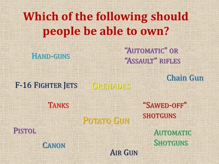 Which of the following should people be able to own? F-16 F IGHTER J ETS T ANKS “A UTOMATIC ” OR “A SSAULT ” RIFLES A UTOMATIC S HOTGUNS G RENADES H AND.