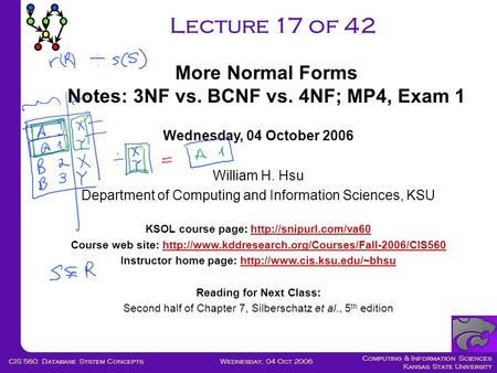 Computing & Information Sciences Kansas State University Wednesday, 04 Oct 2006CIS 560: Database System Concepts Lecture 17 of 42 Wednesday, 04 October.