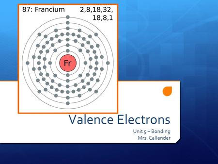 Valence Electrons Unit 5 – Bonding Mrs. Callender.