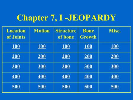 Chapter 7, I -JEOPARDY Location of Joints MotionStructure of bone Bone Growth Misc. 100 200 300 400 500.