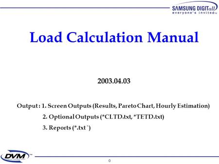 0 Load Calculation Manual 2003.04.03 Output : 1. Screen Outputs (Results, Pareto Chart, Hourly Estimation) 2. Optional Outputs (*CLTD.txt, *TETD.txt) 3.
