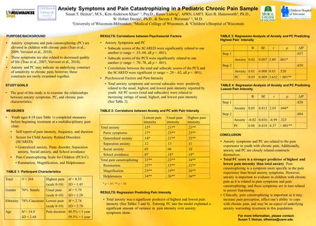 Anxiety Symptoms and Pain Catastrophizing in a Pediatric Chronic Pain Sample Susan T. Heinze¹, M.S., Kim Anderson Khan², ³, Psy.D., Renee Ladwig 3, APRN,