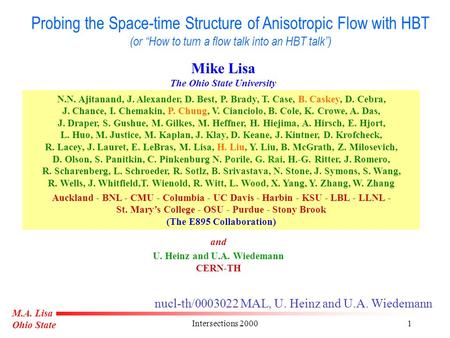 M.A. Lisa Ohio State Intersections 20001 nucl-th/0003022 MAL, U. Heinz and U.A. Wiedemann Probing the Space-time Structure of Anisotropic Flow with HBT.