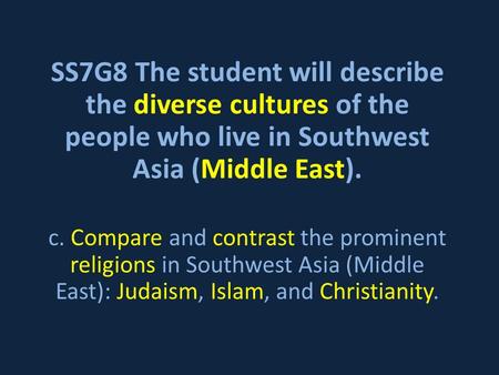SS7G8 The student will describe the diverse cultures of the people who live in Southwest Asia (Middle East). c. Compare and contrast the prominent religions.