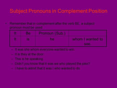 Subject Pronouns in Complement Position Remember that in complement after the verb BE, a subject pronoun must be used. –It was she whom everyone wanted.