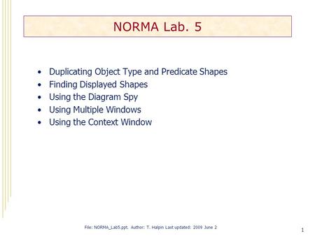 1 NORMA Lab. 5 Duplicating Object Type and Predicate Shapes Finding Displayed Shapes Using the Diagram Spy Using Multiple Windows Using the Context Window.