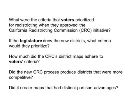 What were the criteria that voters prioritized for redistricting when they approved the California Redistricting Commission (CRC) initiative? If the legislature.