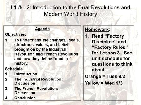 L1 & L2: Introduction to the Dual Revolutions and Modern World History Agenda Objectives: 1.To understand the changes, ideals, structures, values, and.