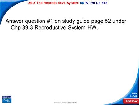 End Show 39-3 The Reproductive System Slide 1 of 41 Warm-Up #18 Answer question #1 on study guide page 52 under Chp 39-3 Reproductive System HW. Copyright.