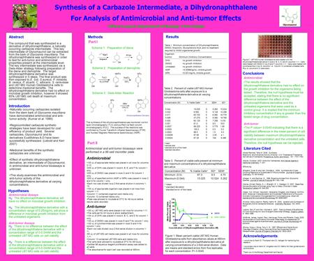 Synthesis of a Carbazole Intermediate, a Dihydronaphthalene For Analysis of Antimicrobial and Anti-tumor Effects Tiffany Layport, Department of Biology,