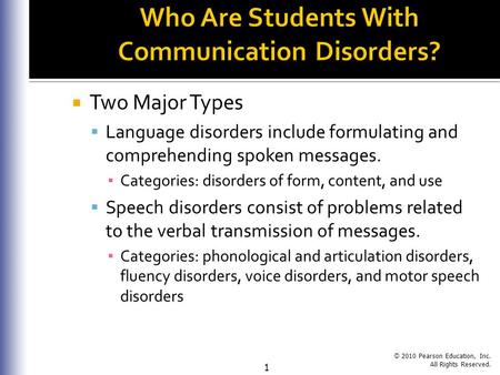 © 2010 Pearson Education, Inc. All Rights Reserved. 1  Two Major Types  Language disorders include formulating and comprehending spoken messages. ▪ Categories: