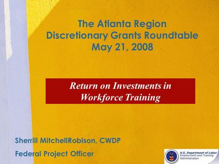 The Atlanta Region Discretionary Grants Roundtable May 21, 2008 Return on Investments in Workforce Training Sherrill MitchellRobison, CWDP Federal Project.