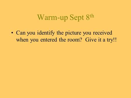 Warm-up Sept 8 th Can you identify the picture you received when you entered the room? Give it a try!!