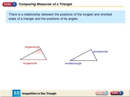 Comparing Measures of a Triangle There is a relationship between the positions of the longest and shortest sides of a triangle and the positions of its.