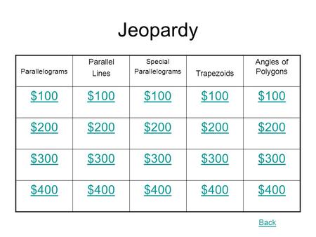 Back Jeopardy Parallelograms Parallel Lines Special Parallelograms Trapezoids Angles of Polygons $100 $200 $300 $400.