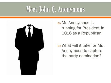  Mr. Anonymous is running for President in 2016 as a Republican.  What will it take for Mr. Anonymous to capture the party nomination?