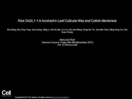 Rice OsGL1-1 Is Involved in Leaf Cuticular Wax and Cuticle Membrane Bao-Xiang Qin, Ding Tang, Jian Huang, Ming Li, Xin-Ru Wu, Li-Li Lu, Ke-Jian Wang, Heng-Xiu.