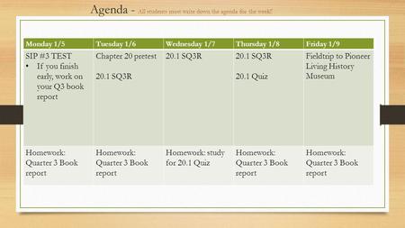 Agenda - All students must write down the agenda for the week!! Monday 1/5Tuesday 1/6Wednesday 1/7Thursday 1/8Friday 1/9 SIP #3 TEST If you finish early,