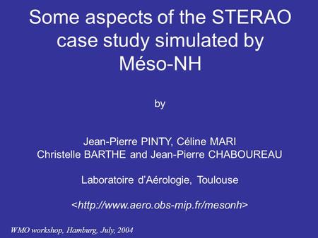 WMO workshop, Hamburg, July, 2004 Some aspects of the STERAO case study simulated by Méso-NH by Jean-Pierre PINTY, Céline MARI Christelle BARTHE and Jean-Pierre.