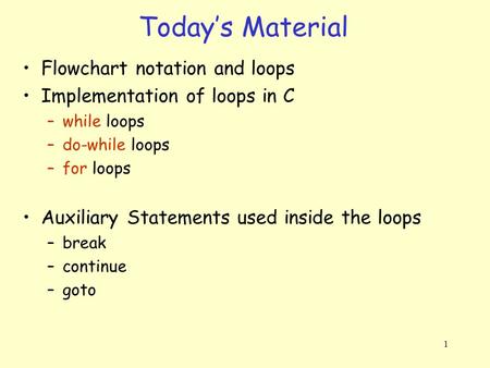 1 Flowchart notation and loops Implementation of loops in C –while loops –do-while loops –for loops Auxiliary Statements used inside the loops –break –continue.