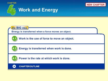The BIG idea Energy is transferred when a force moves an object. Work and Energy Work is the use of force to move an object. 4.1 Energy is transferred.
