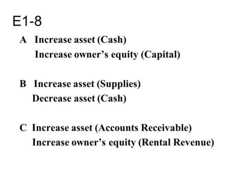 E1-8 A Increase asset (Cash) Increase owner’s equity (Capital)
