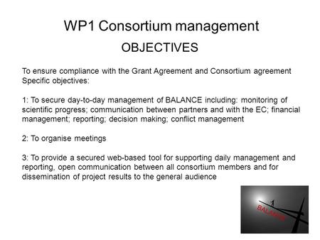 WP1 Consortium management OBJECTIVES To ensure compliance with the Grant Agreement and Consortium agreement Specific objectives: 1: To secure day-to-day.
