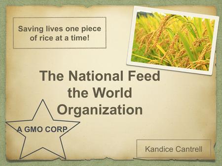 Saving lives one piece of rice at a time! Kandice Cantrell The National Feed the World Organization A GMO CORP.